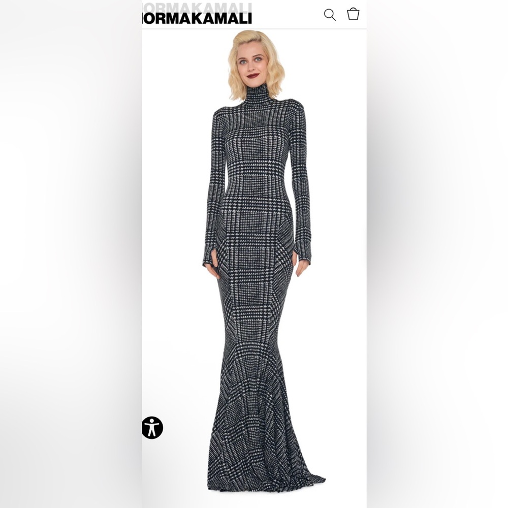 Norma Kamali Black and White Checkered Long Sleeve Dress